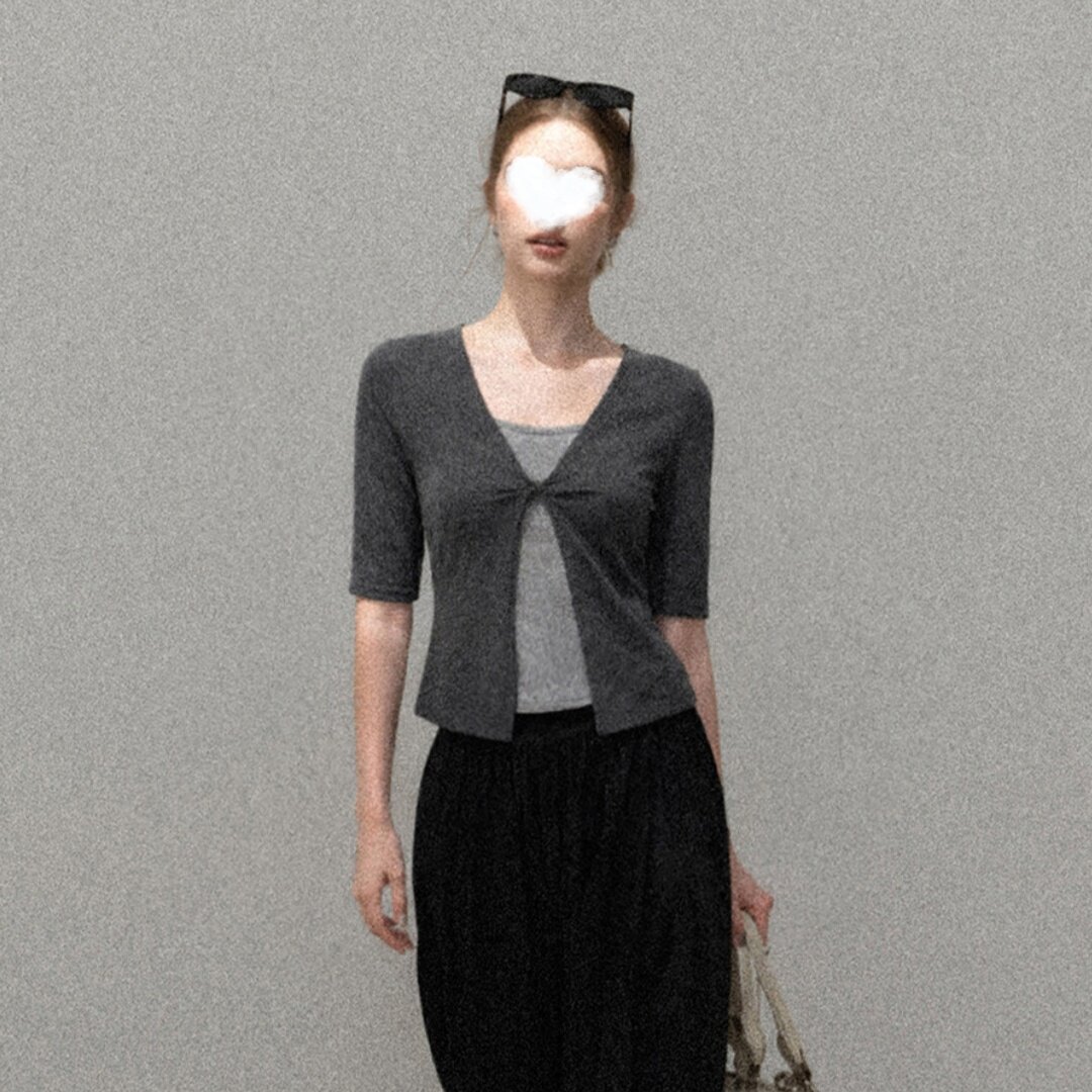 TGGTA灰色正肩短袖t恤女夏季短款修身显瘦吊带半袖开衫上衣两件套