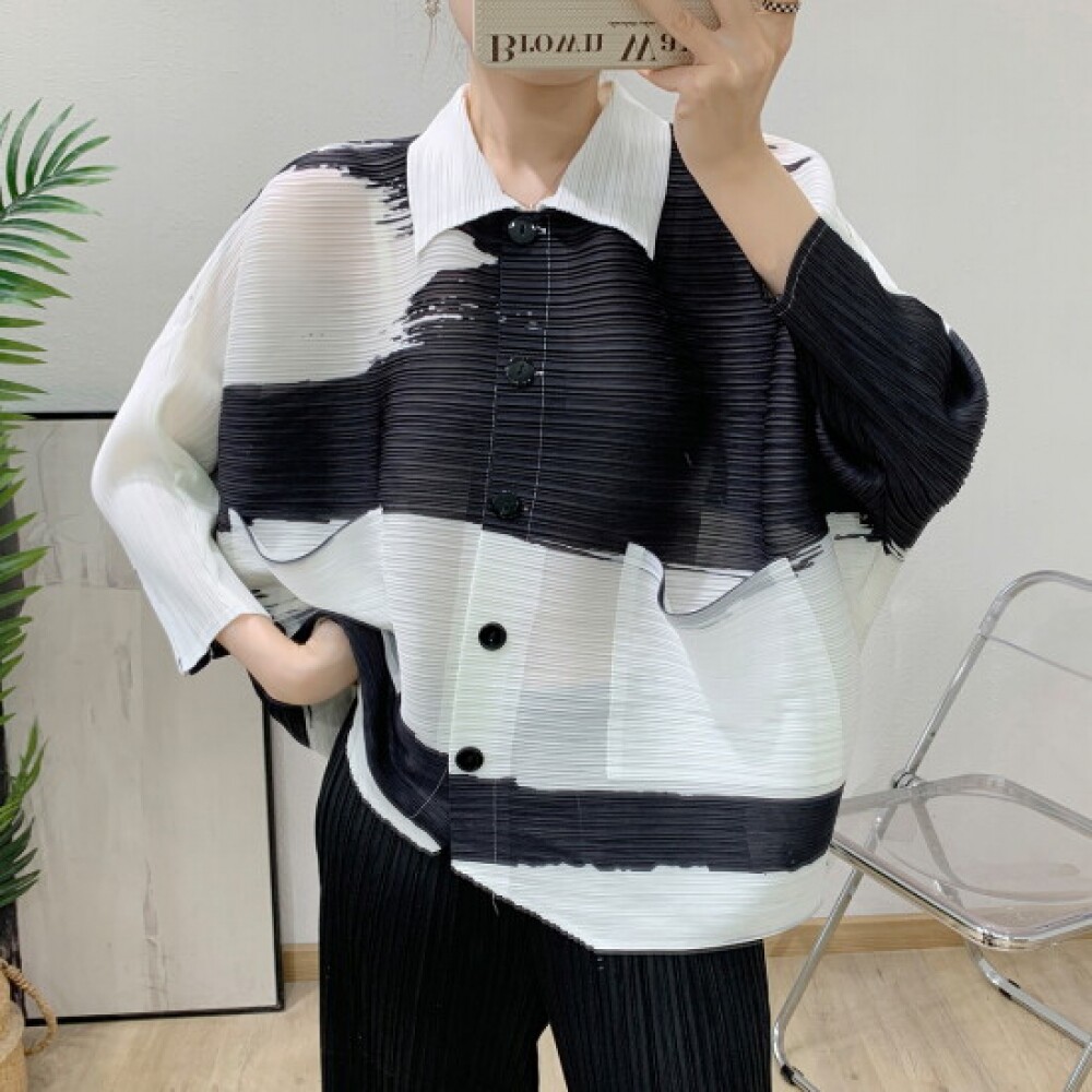 플라라 女士百褶长款宽松墨蓝色衬衫 适合88