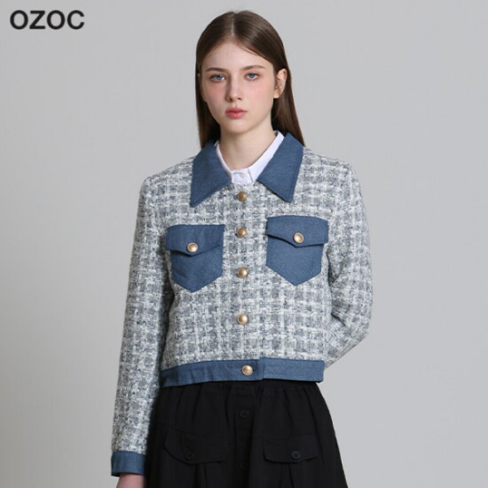 欧佐克 牛仔拼色 领子 粗花呢 外套 OZOC-170