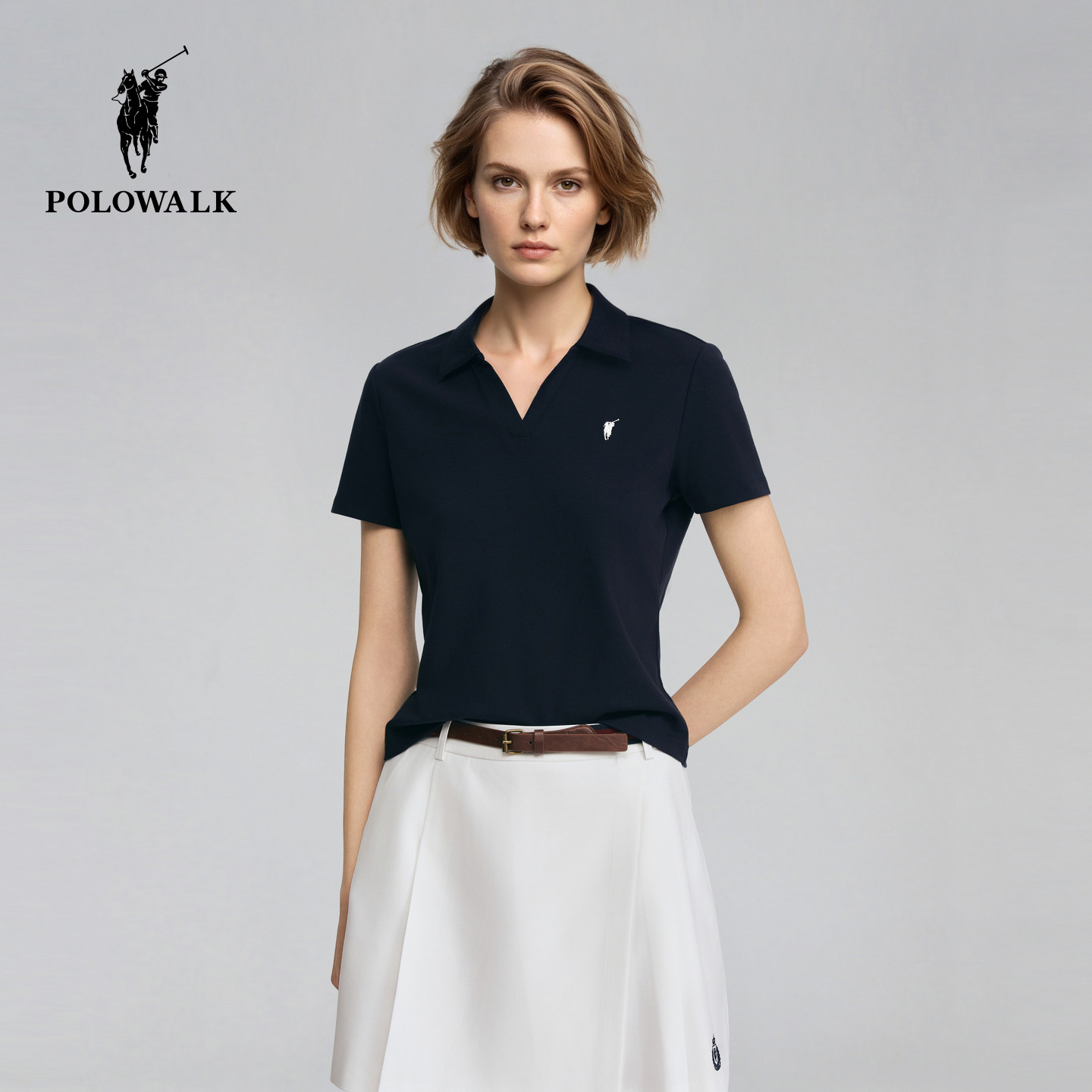 POLOWALK女式短袖夏季新款简约v领休闲显瘦百搭气质女款t恤polo衫