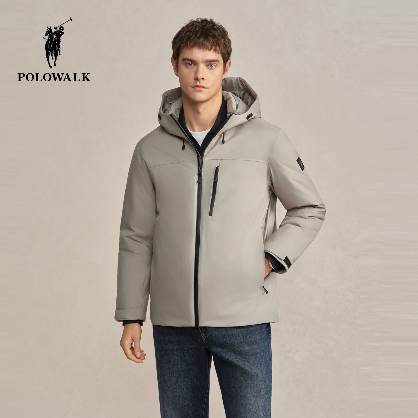 POLOWALK男式羽绒服冬季新品简约百搭男装鹅绒立领连帽羽绒服外套