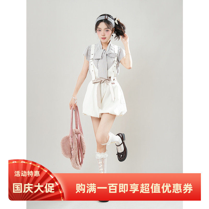 夏季优质新款结绑带衬衫花苞背带裤套装甜美小个子百搭短袖两件套