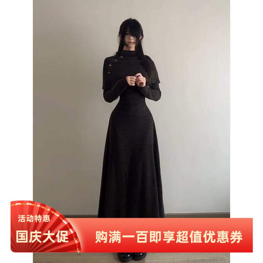 法式复古气质轻熟风穿搭假两件针织长袖连衣裙收腰显瘦长裙子
