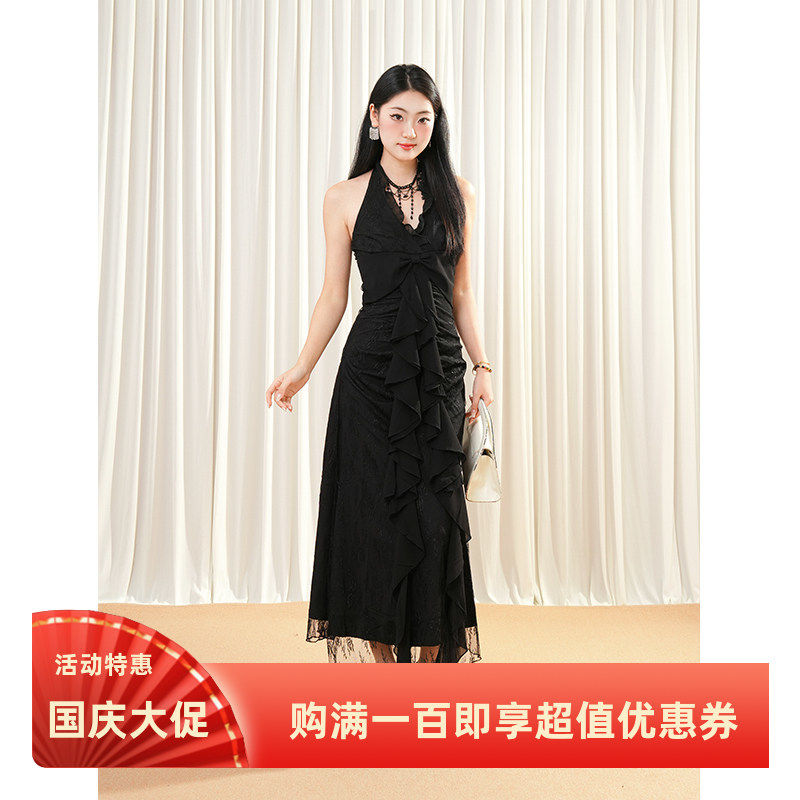 黑纱设计感凝月古着vintage挂脖黑显白礼裙复古优雅连衣裙夏季