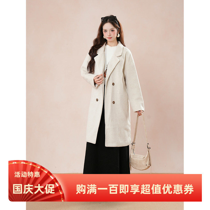 新款冬季白色呢大衣小众中长款小个子高级感毛呢外套女冬装