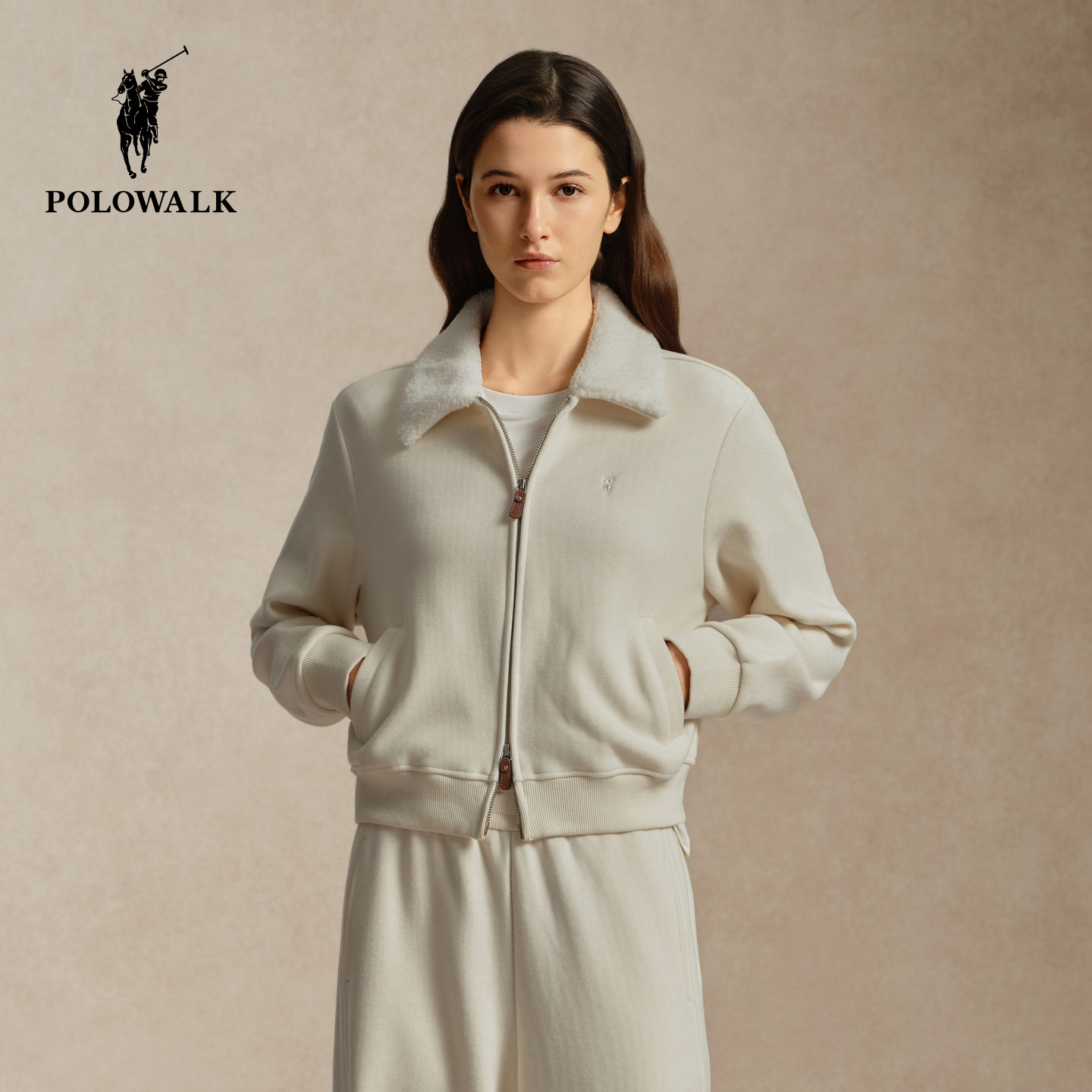 【套装】POLOWALK女式卫衣2026冬季新品翻领加绒显瘦开衫短外套