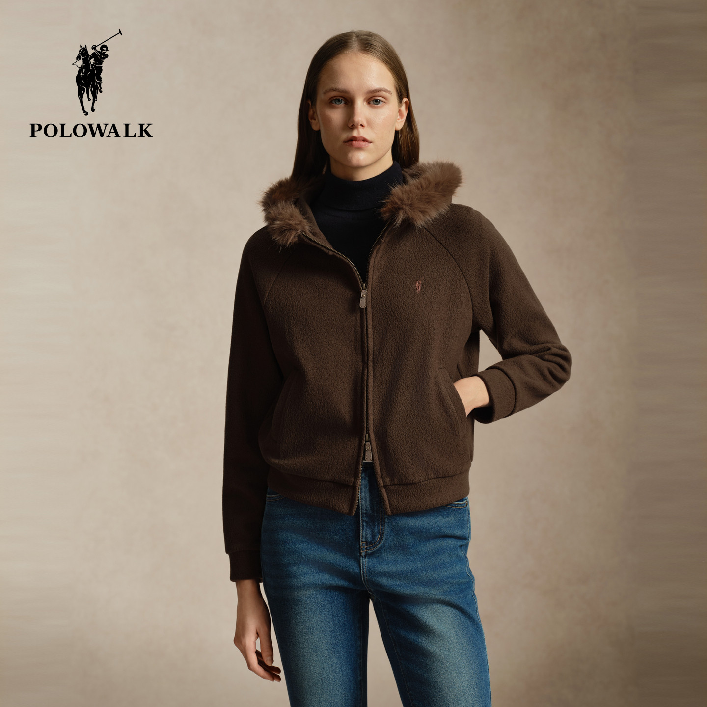 POLOWALK女式卫衣2026冬季新品立领连帽运动休闲显瘦开衫短外套