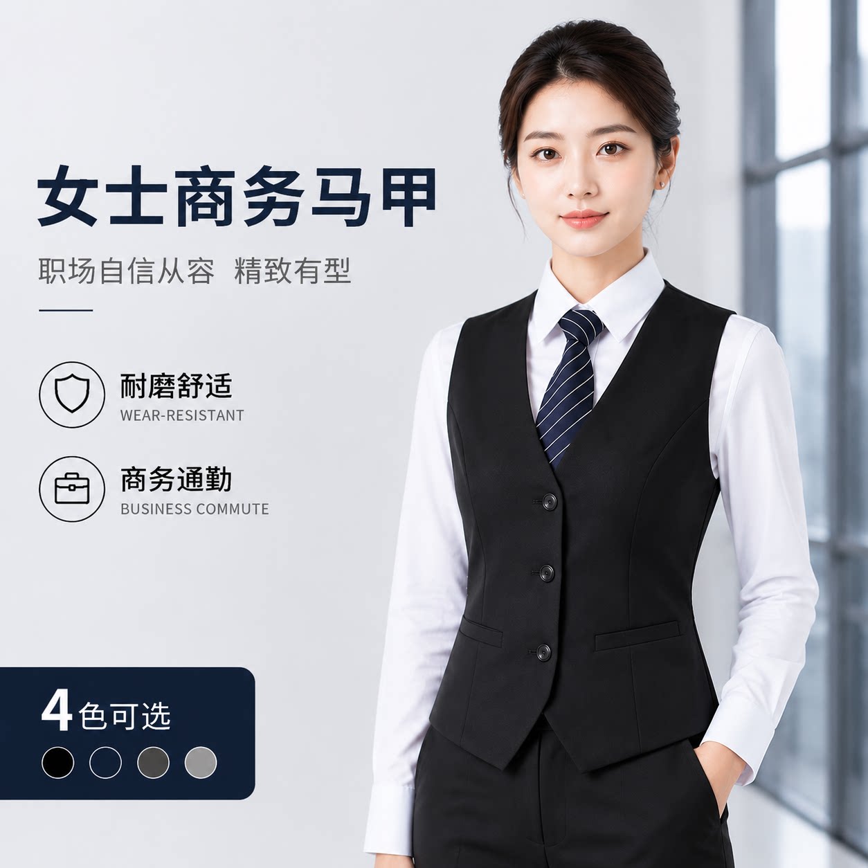 哔叽耐磨单排四扣经典款黑色女士马甲商务正装银行职员行政工作装