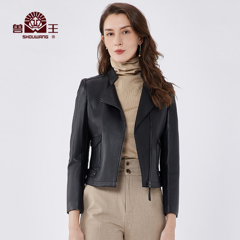 兽王女士秋冬新款机车皮衣绵羊皮真皮皮衣立领短款皮装小外套