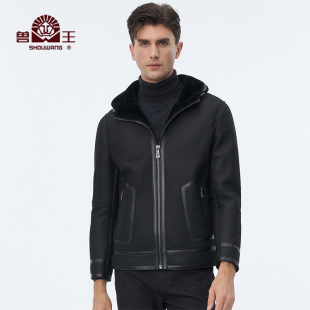羊毛皮真皮皮衣皮毛一体皮草大衣连帽中长款 男士 外套 新款 兽王冬季