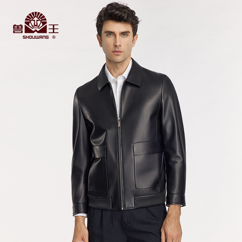 兽王绵羊皮真皮皮衣秋冬新款翻领拉链长袖大口袋皮夹克男装外套
