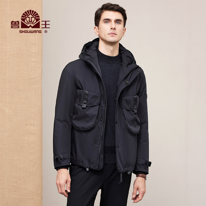 兽王冬季新款兔毛皮内胆皮草大衣男士中长款连帽无毛领派克服