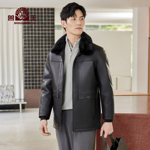 兽王【80白鸭绒】真皮羽绒服男2025秋冬新款水貂毛领山羊皮爸爸装