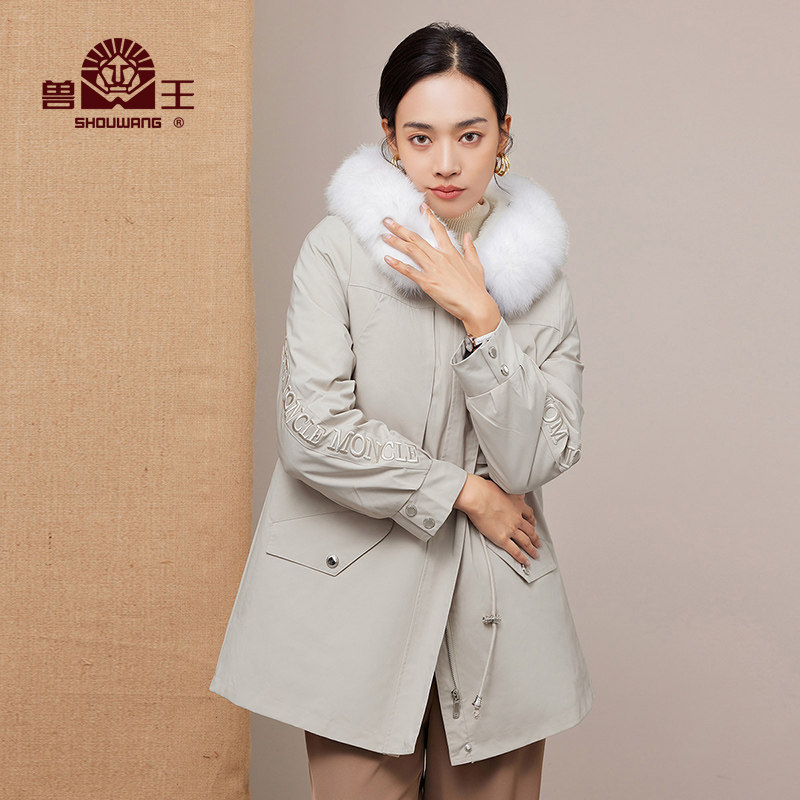 兽王冬季新款女兔毛皮内胆派克服中长款狐狸毛领连帽皮草大衣