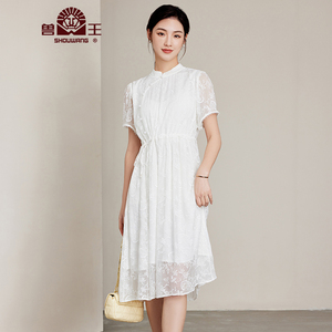 兽王气质高端中长款裙子春夏新款宽松刺绣桑蚕丝真丝连衣裙