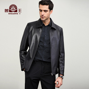 兽王秋冬海宁真皮皮衣男翻领皮夹克修身薄款休闲中年男士皮草外套