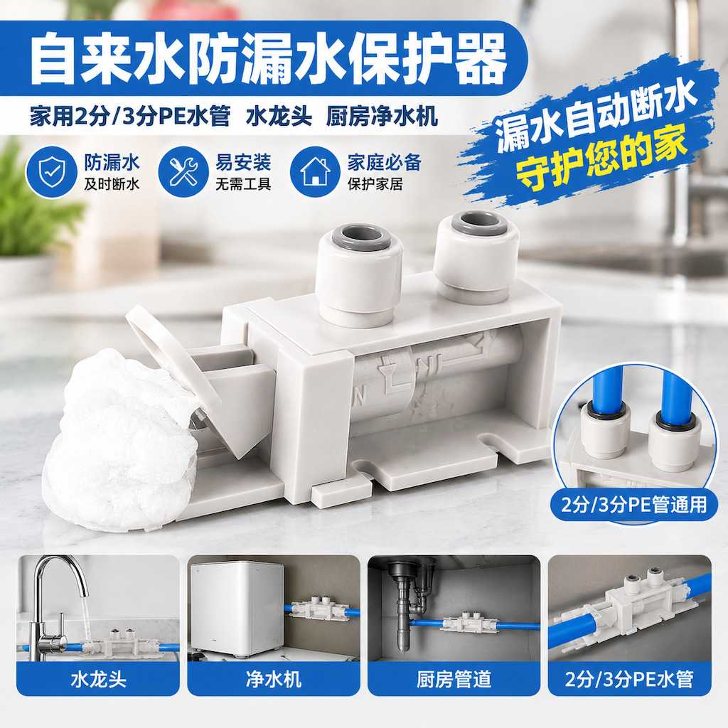漏水保护器家用得盾水浸防漏水净水器厨房用 电源可多配监视器包