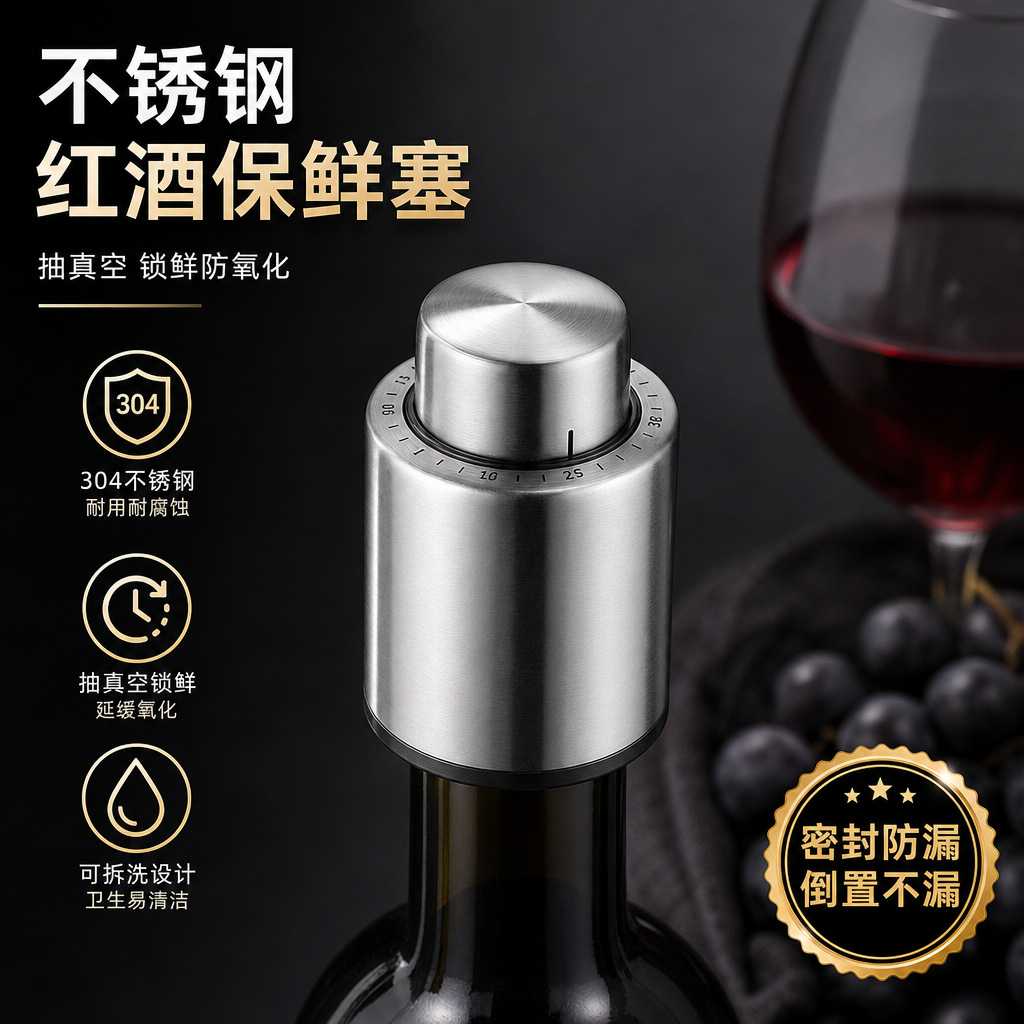 红酒塞抽真空瓶塞密封保鲜家用葡萄酒抽气泵黑色套装真空抽气筒
