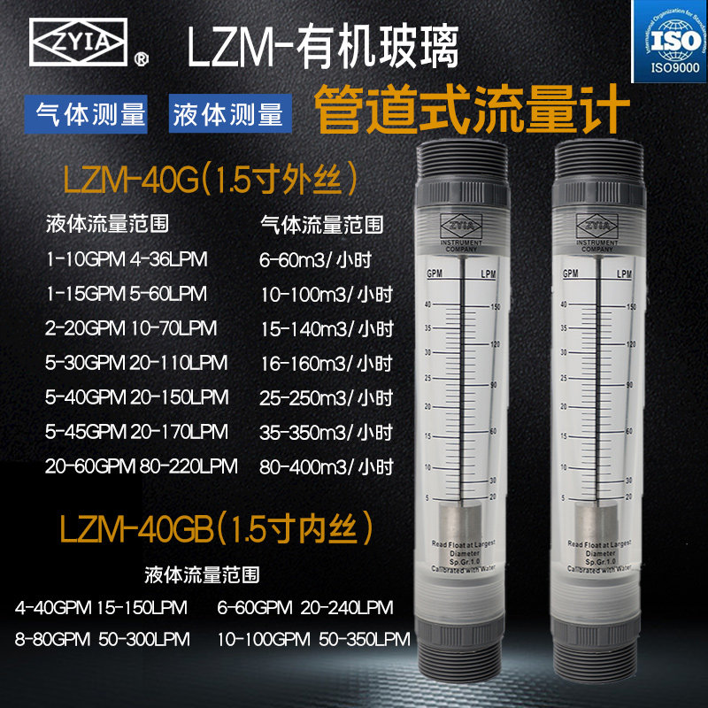 LZM-40G/40GB管道流量计有机玻璃转子1.5寸接口水气体浮子流速表