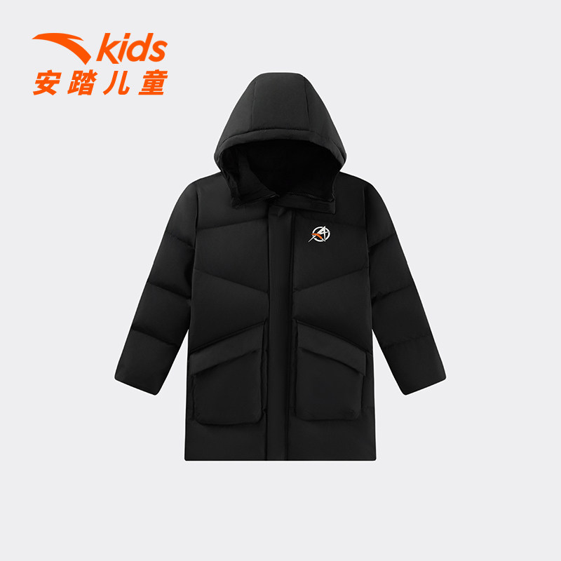 安踏男大童连帽中长保暖羽绒服