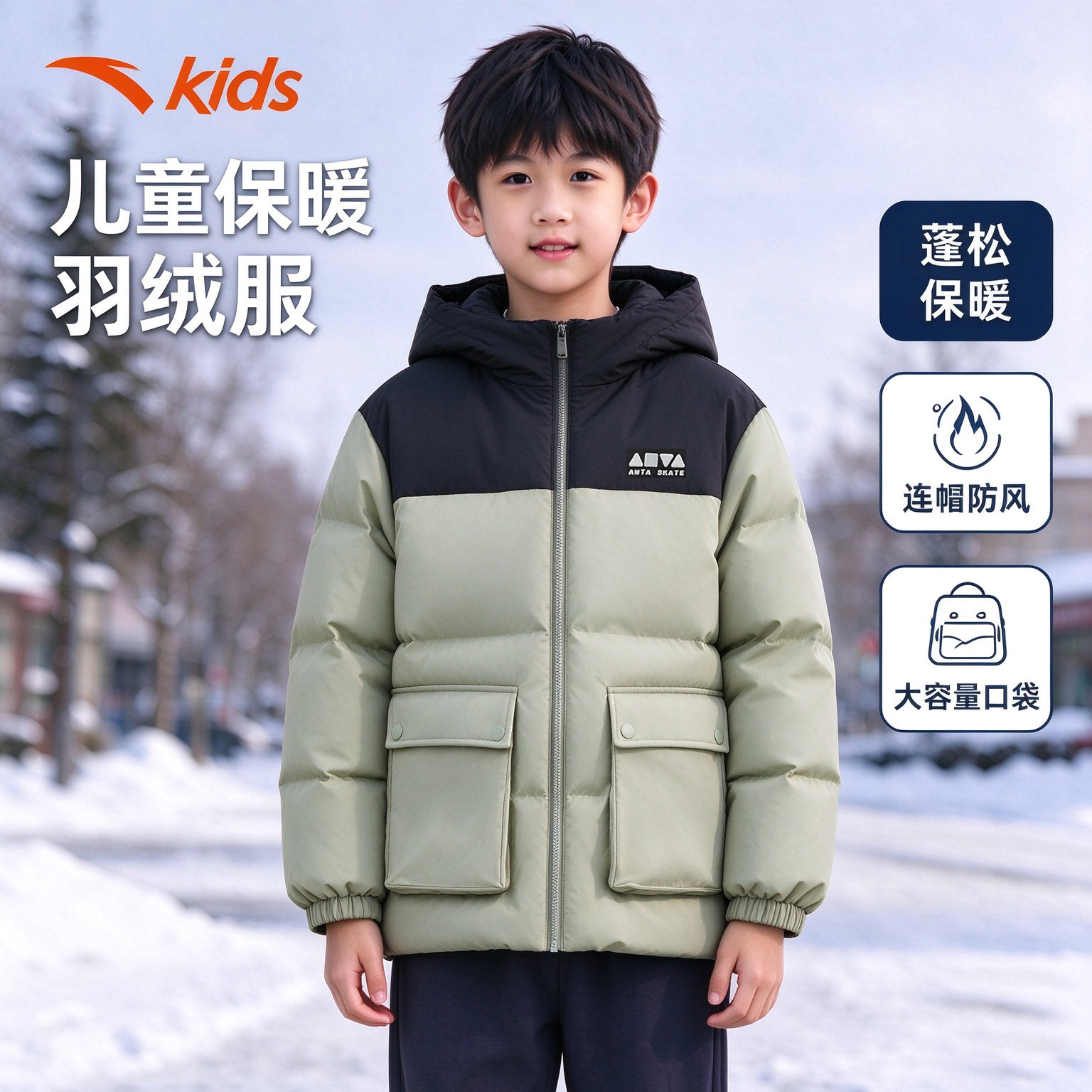 安踏男童冬季新款保暖速暖羽绒服