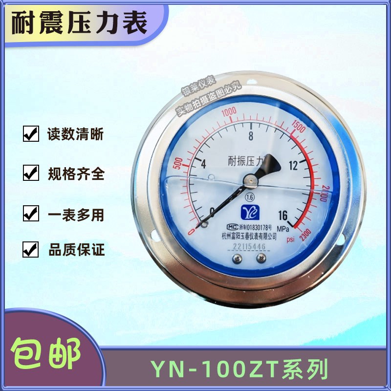 YN100ZT轴向带边耐震压力表60MPa40MPa 面板安装液压油压气压水压