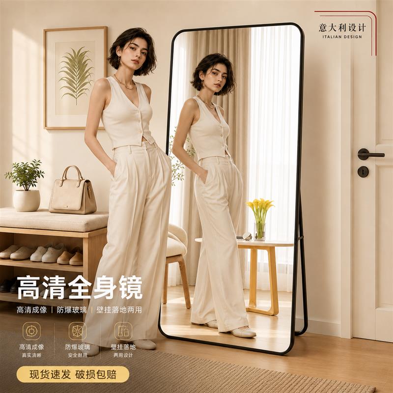 家用全身镜上墙轻奢高级感壁挂落地镜客厅试衣镜穿衣镜宿舍挂墙镜