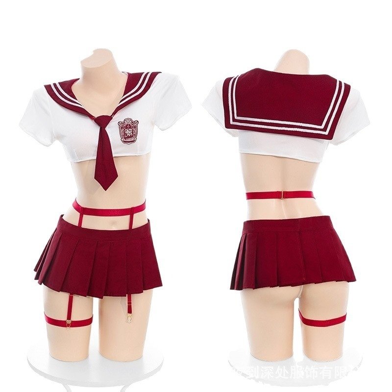 学院风红色百褶校服连衣裙