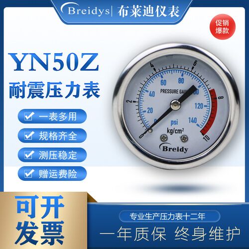 水压气压洗车机表25mpa压力表YN50Z轴向耐震不锈钢压力表0-1.6mpa