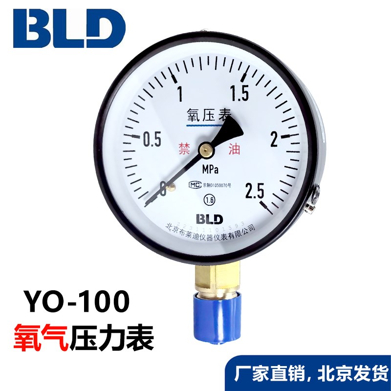 北京布莱迪氧气压力表YO100禁油特殊气体仪表厂家直销正品1.6级