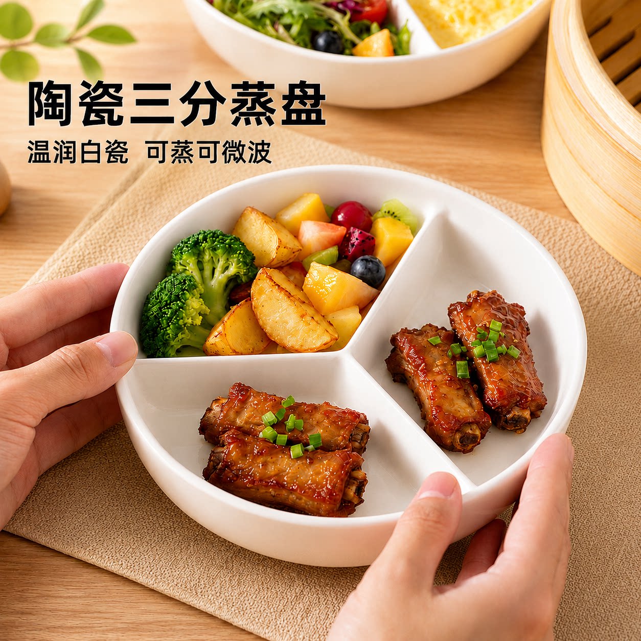 陶瓷三分格圆形电饭锅蒸盘辅食