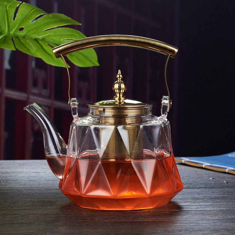 煮茶两用钢漏壶茶壶家用高硼硅耐热烧菱形铜把提梁壶耐热玻璃壶