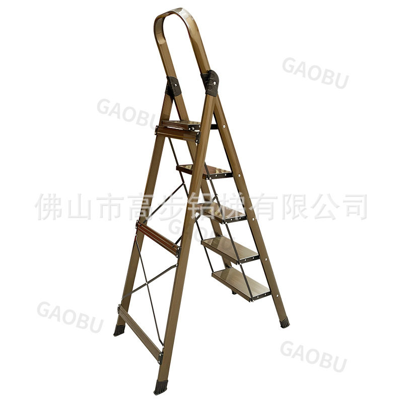 高步铝梯生产铝合金香槟色家用梯加厚防滑踏板家用人字梯维修用梯