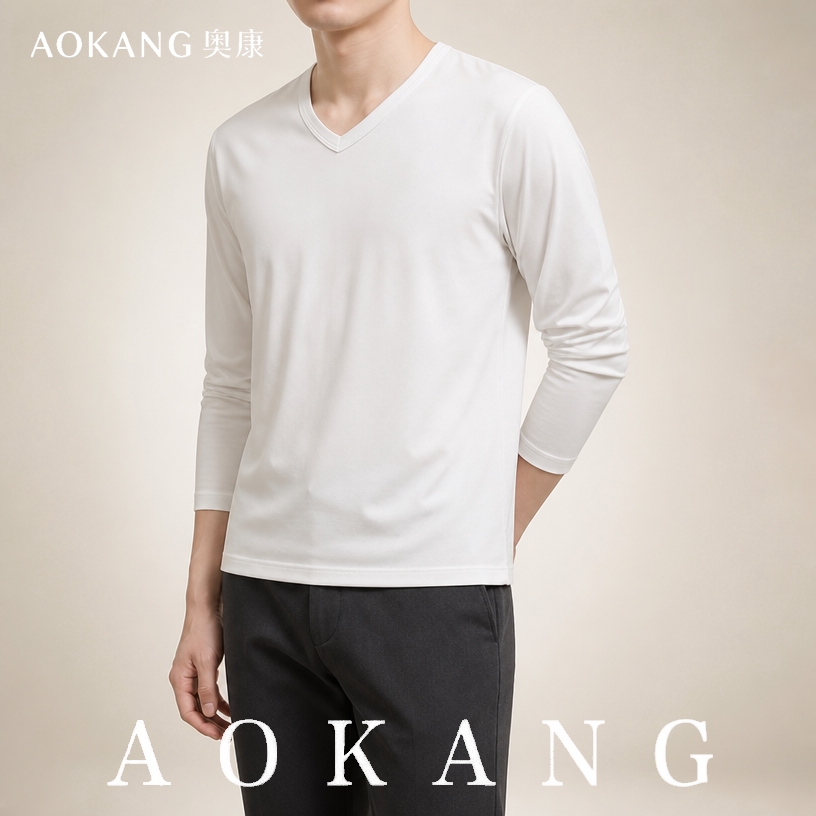 AOKANG奥康V领男士T恤商务休闲通勤穿搭修饰颈线基础打底衫男装