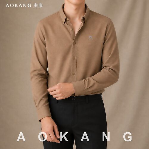 AOKANG奥康秋季男士长袖衬衫翻领柔软商务休闲通勤衬衣