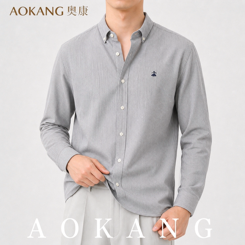 AOKANG奥康秋季男士条纹翻领长袖衬衫商务休闲百搭透气衬衣
