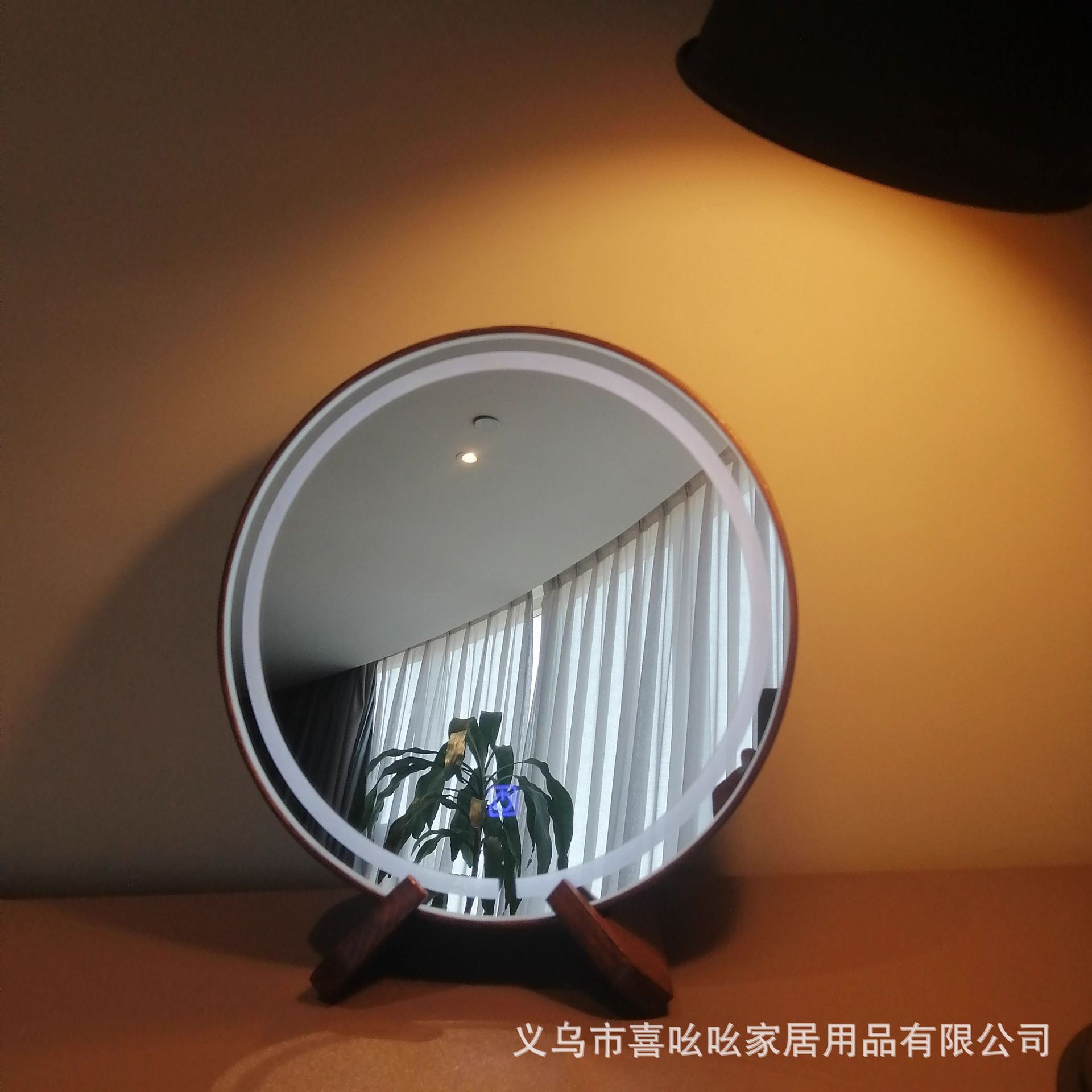 复古桌面化妆镜补光灯化妆镜实木梳妆镜不锈钢圆形镜子复古木质镜
