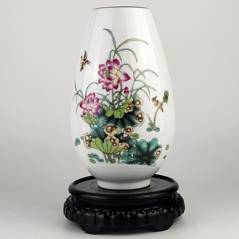 花瓶摆件陶瓷插花装饰品荷塘月色描金花鸟古典酒柜书架摆件可制定
