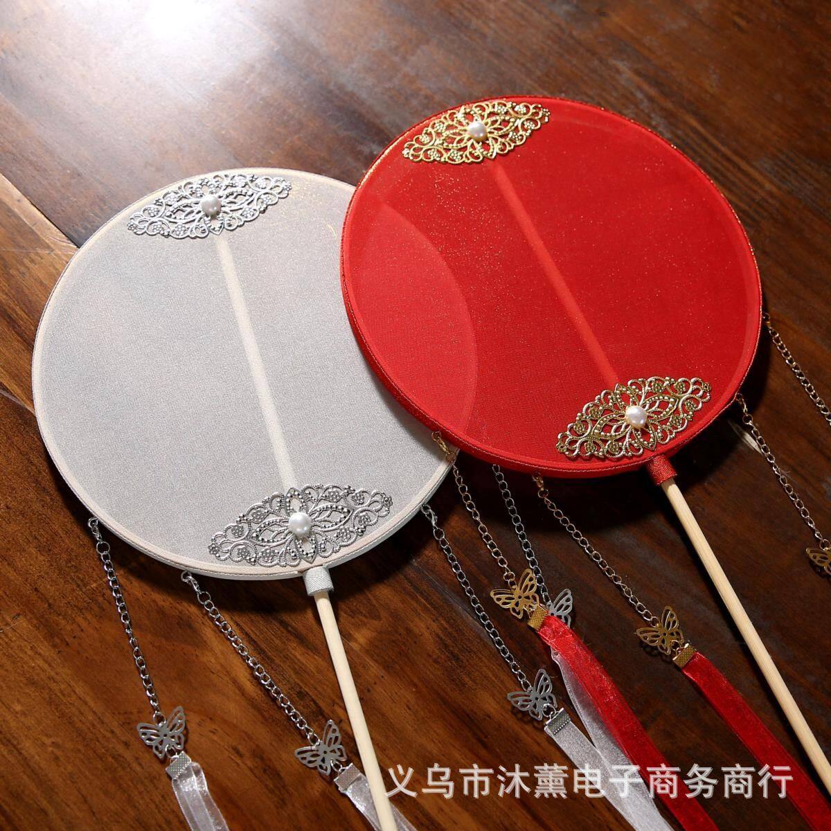长柄团扇宫扇烫金纯色唐风古风汉服道具手工红色成品跳舞