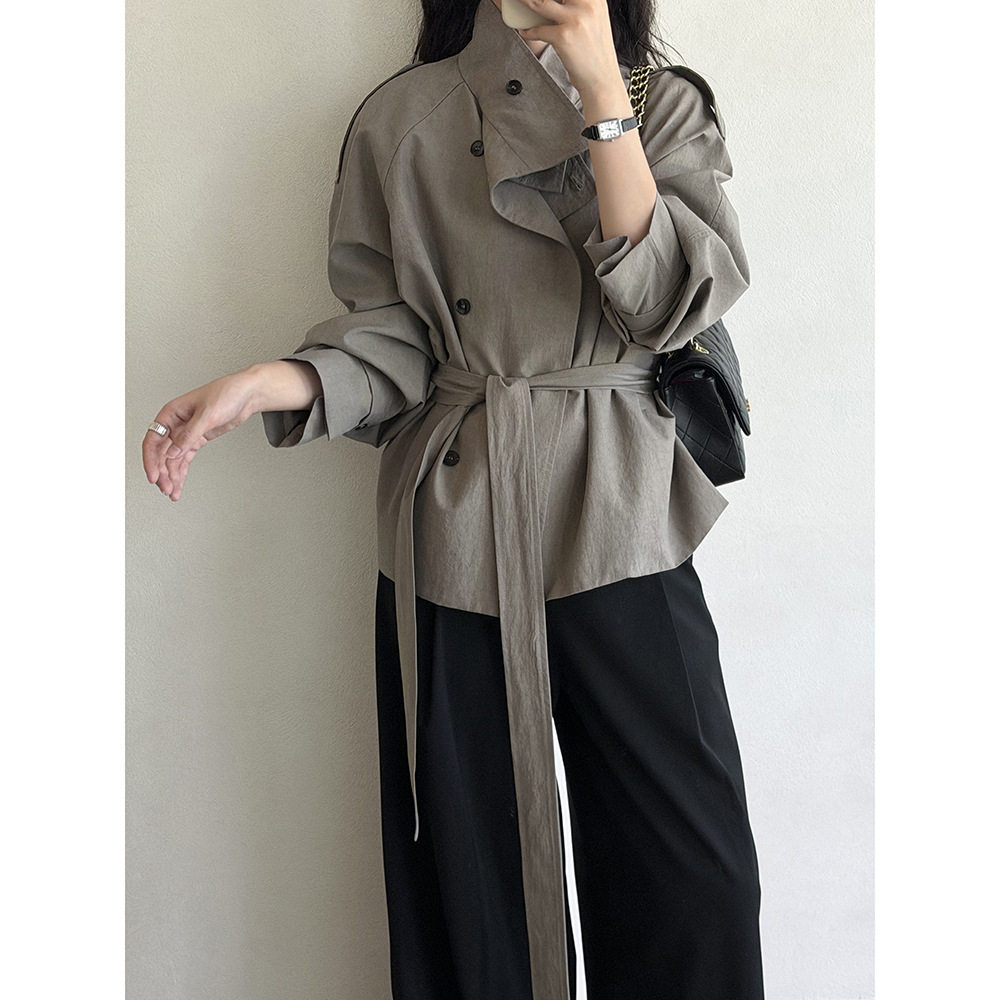 闻野韩系短款风衣女系带收腰显瘦