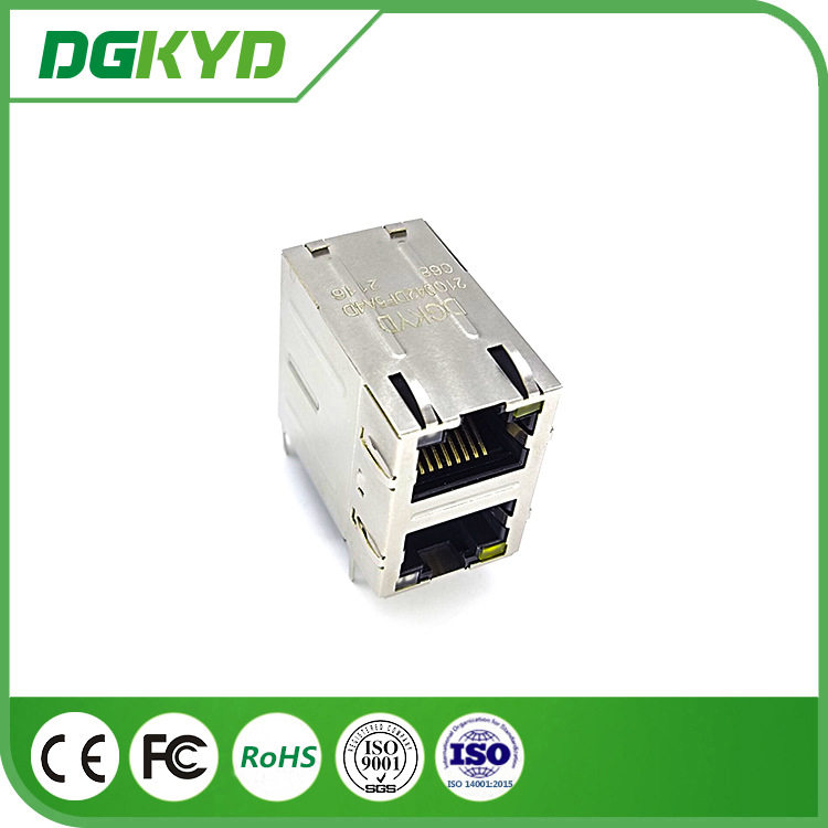 2X1双端口连接器RJ45千兆集成变压器带灯带弹片双层网络接口