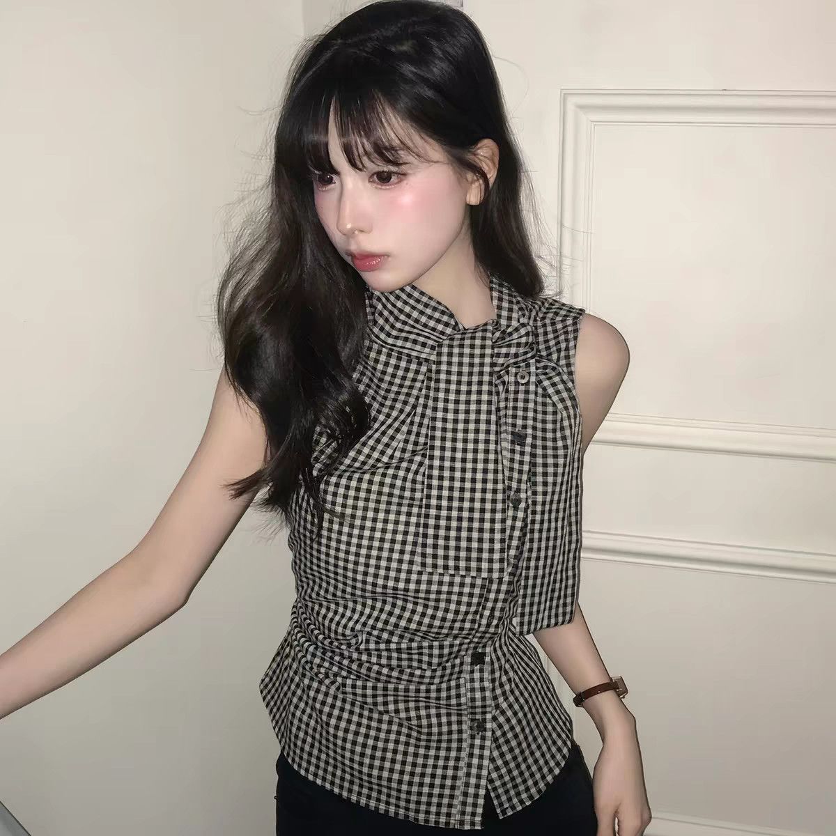 韩系复古格纹领结收腰褶皱设计感显瘦无袖背心气质上衣