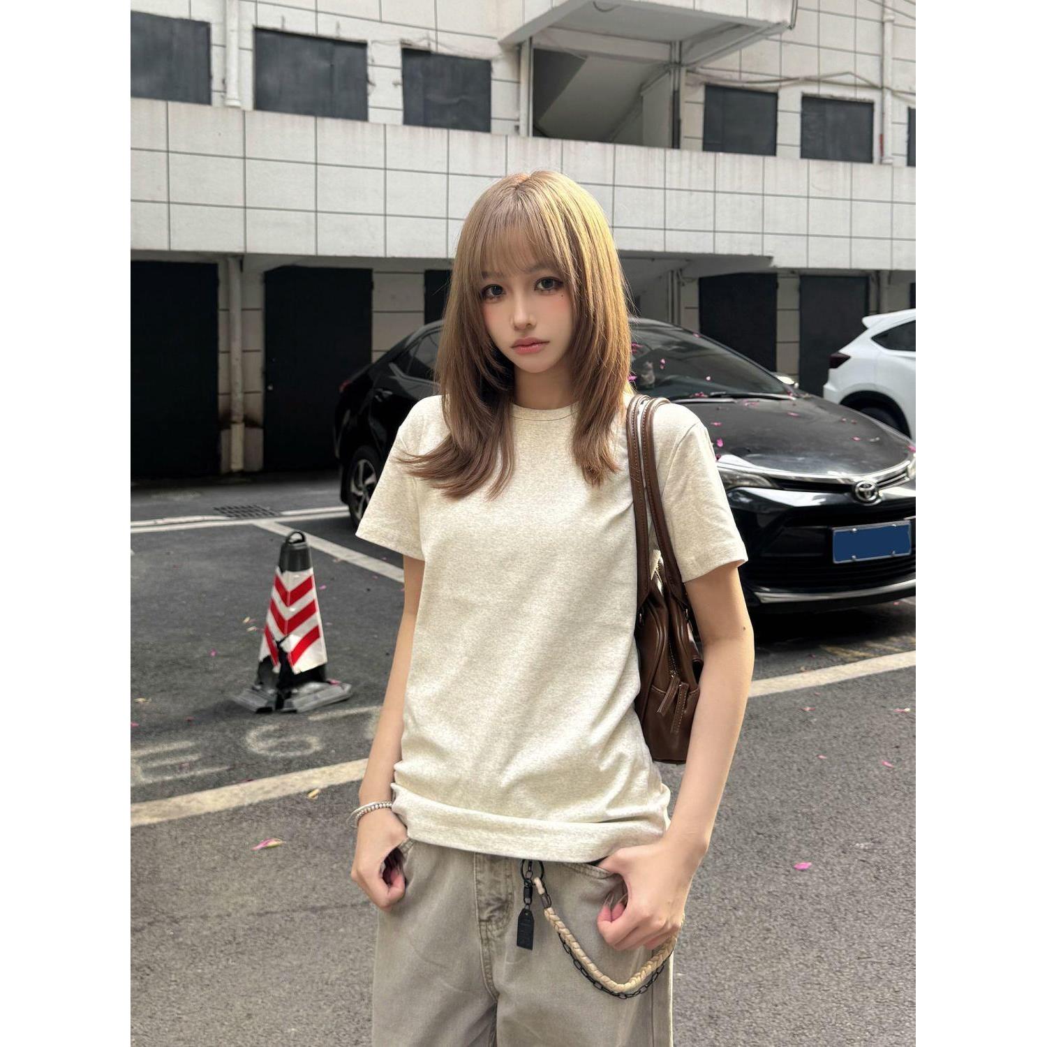 白灰色打底美式修身正肩短袖纯色T恤上衣女士夏季