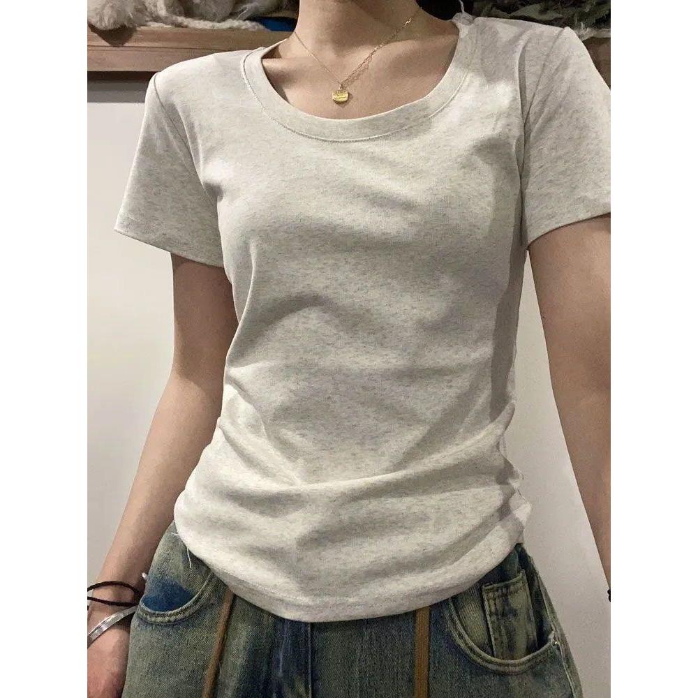 美式正肩短袖t恤女夏季女装新款U领内搭短款修身紧身打底衫上衣女