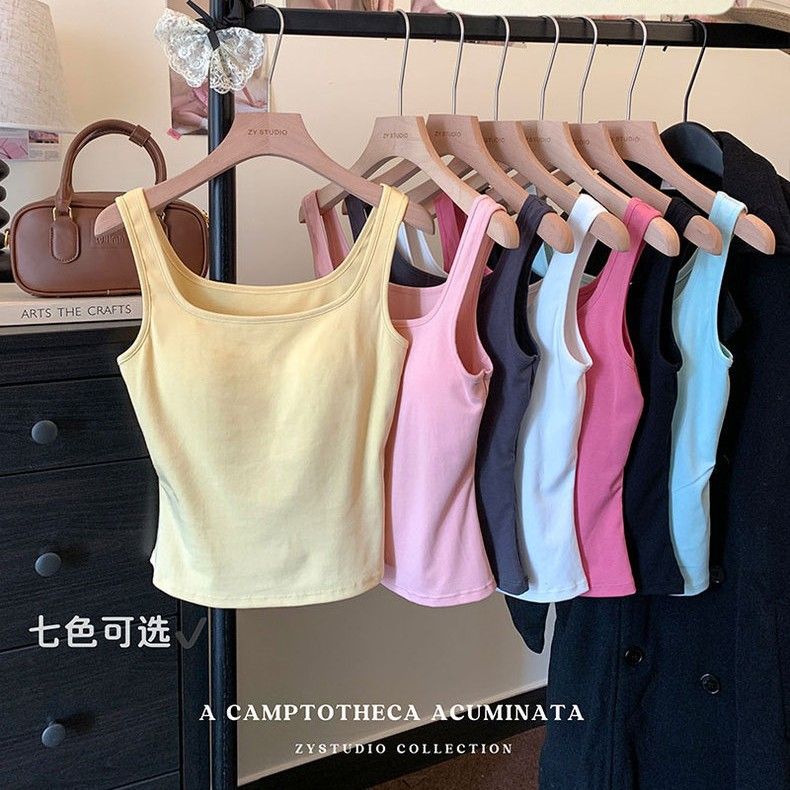 多色吊带背心女带胸垫弹力显瘦内搭打底上衣外穿美式