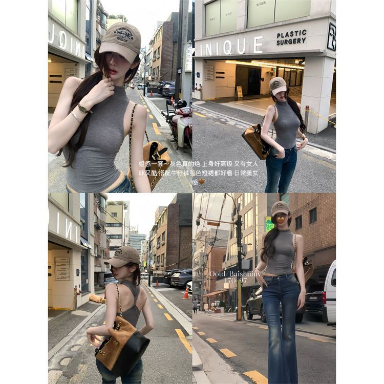白水女 高智姐感穿搭 半高领T恤背心女夏设计感韩系修身无袖上衣