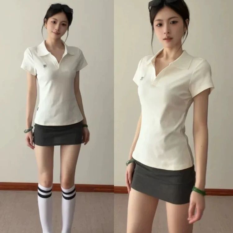 韩系气质V领正肩POLO衫t恤女夏季修身收腰翻领运动网球服短袖上衣