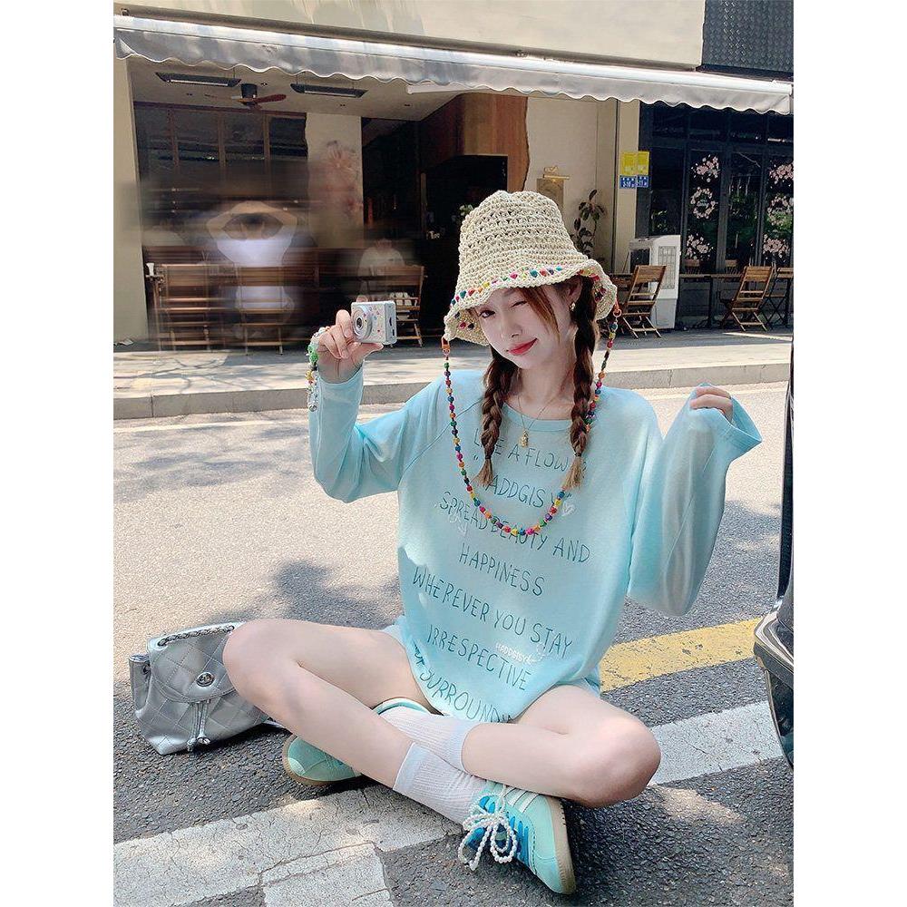 韩系蓝色薄款长袖t恤女早秋新品宽松印花防晒罩衫体恤上衣