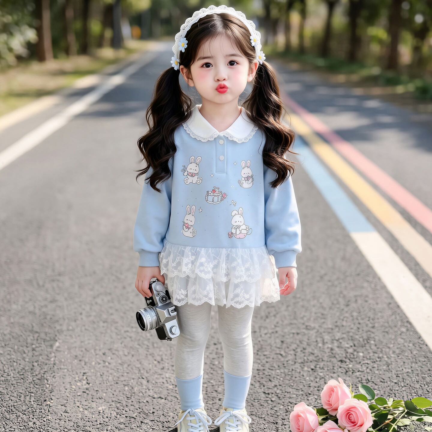 2026春秋女童兔子蕾丝卫衣裙套装