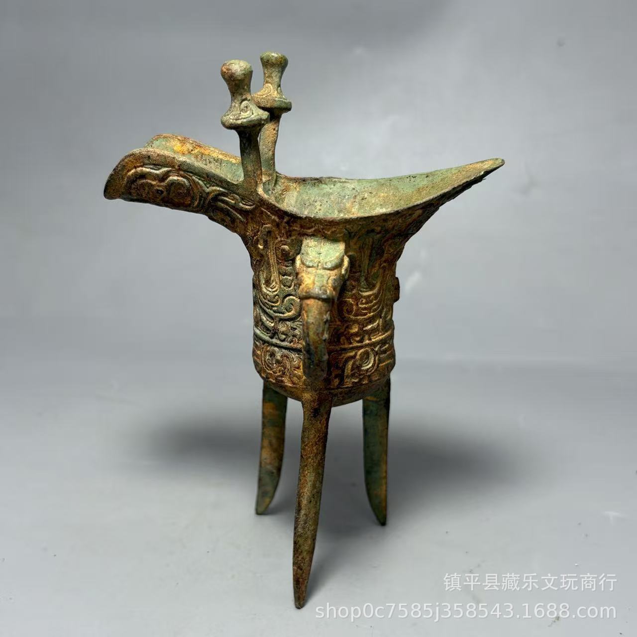 古玩仿古青铜器三足兽面鼎酒器酒具摆件爵杯艺术品装饰一件代发